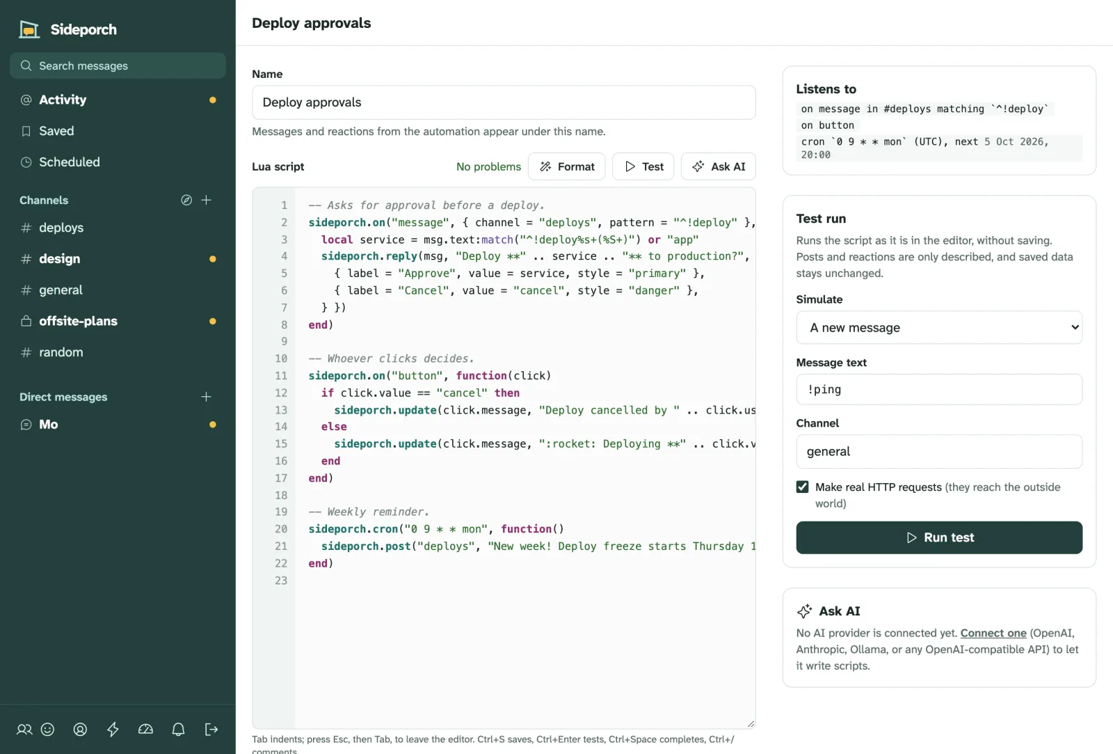 The automation editor with a Lua script.